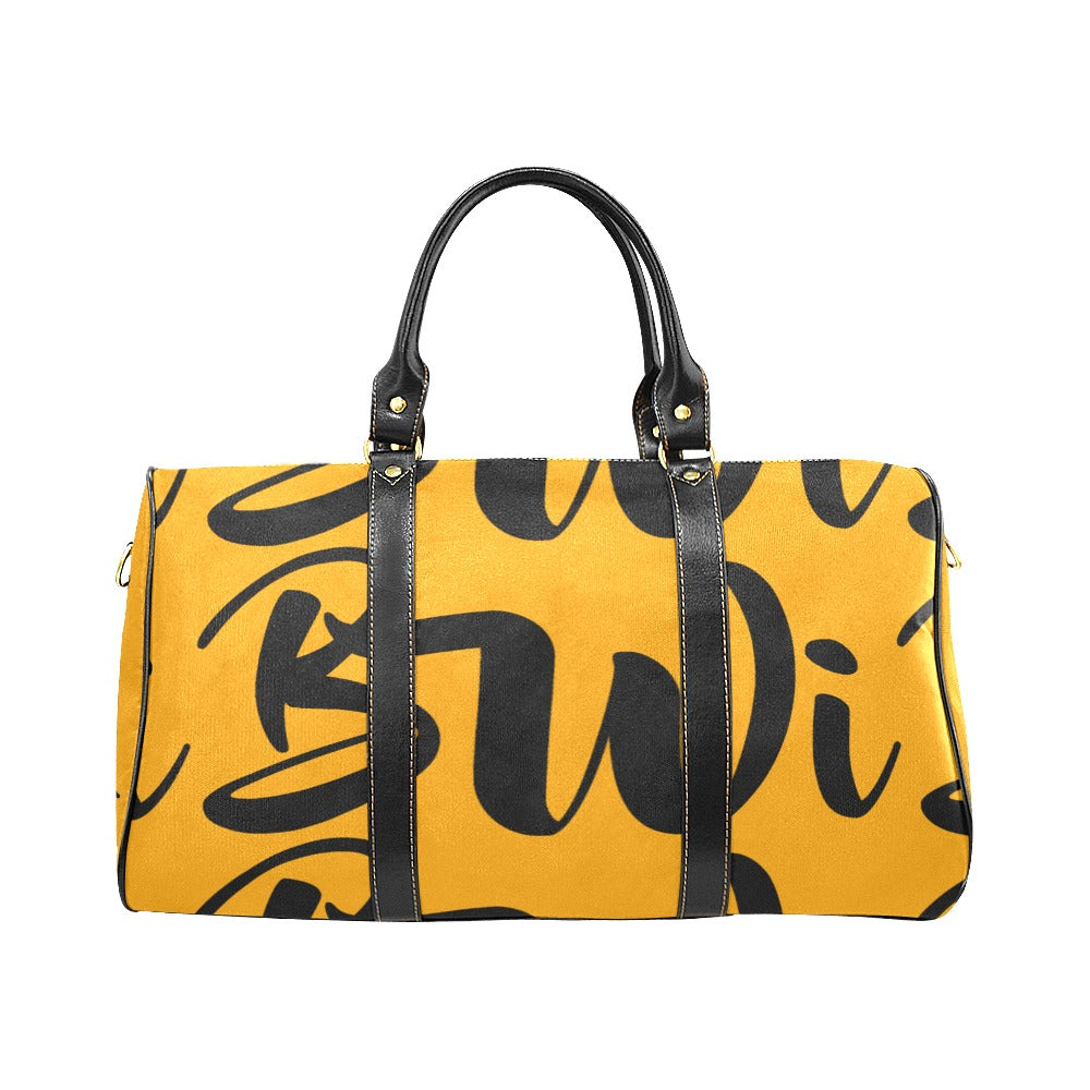BWI: Luxury Travel Bag: Orange w/Black Font - Black Leather Strap New Waterproof Travel Bag/Large (Model 1639)