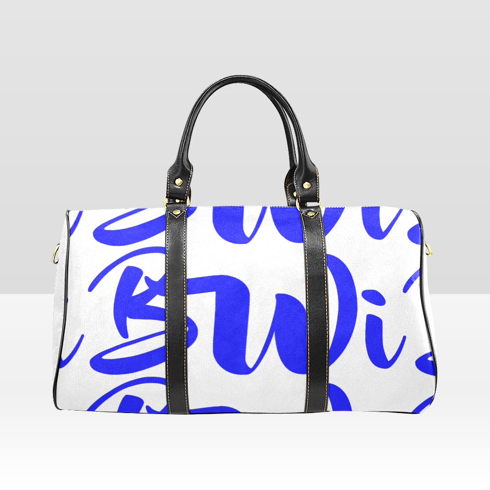 BWI Luxury Travel Bag-White w/Blue Font - Black Leather Straps/Large (Made To Order)