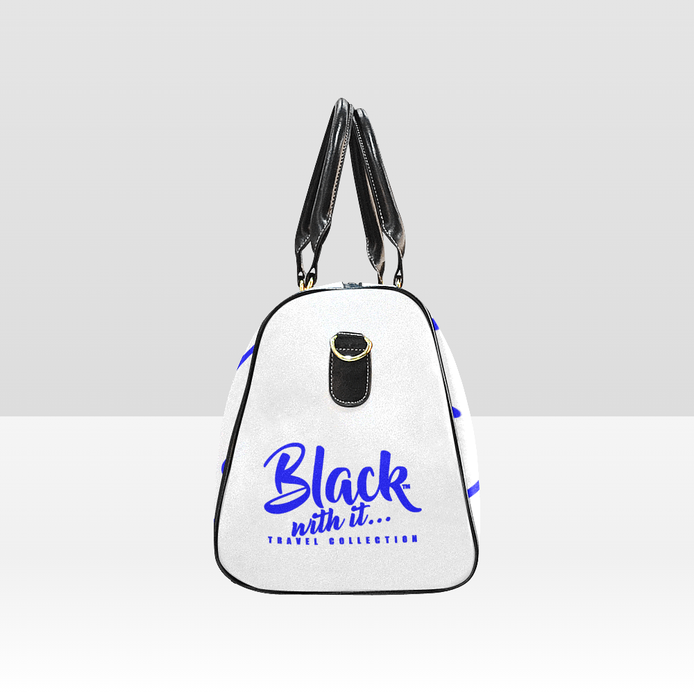 BWI Luxury Travel Bag-White w/Blue Font - Black Leather Straps/Large (Made To Order)