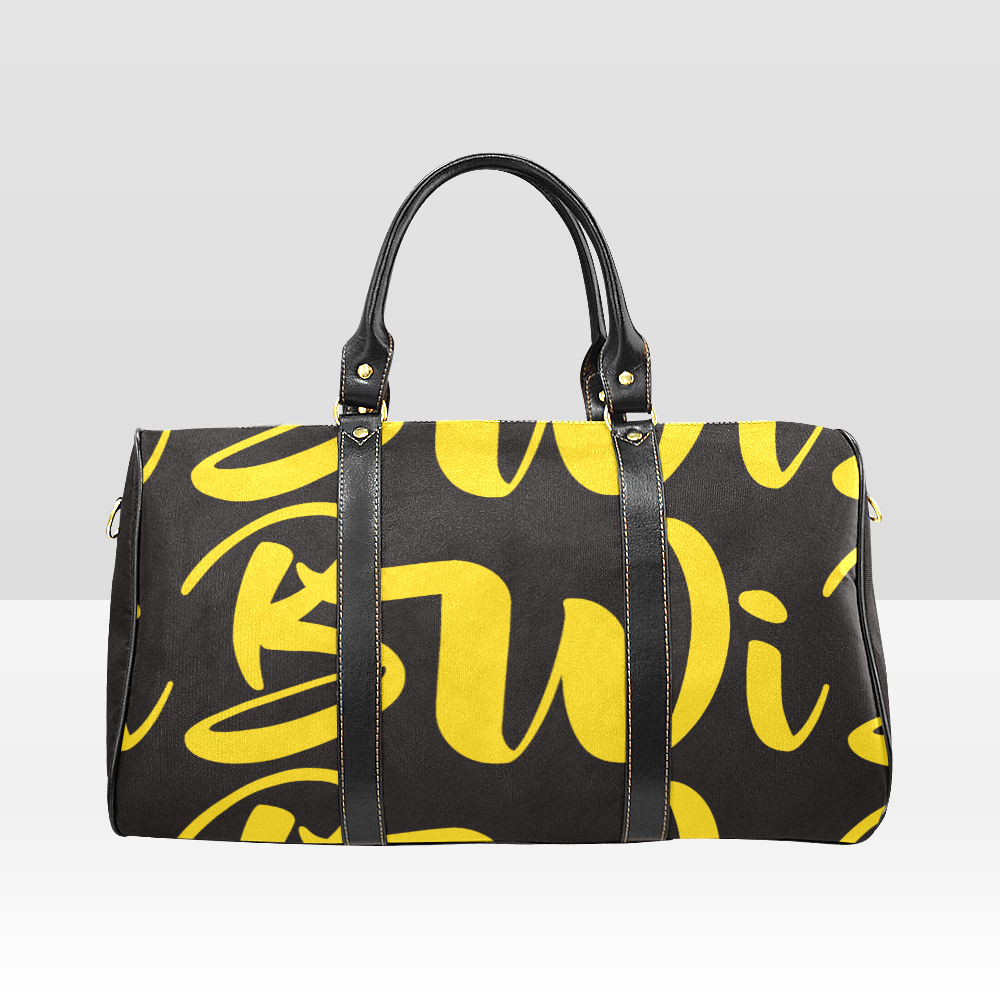 BWI Luxury Travel Bag: Black w/ Gold Font - Black Leather Straps - Large (Made To Order)
