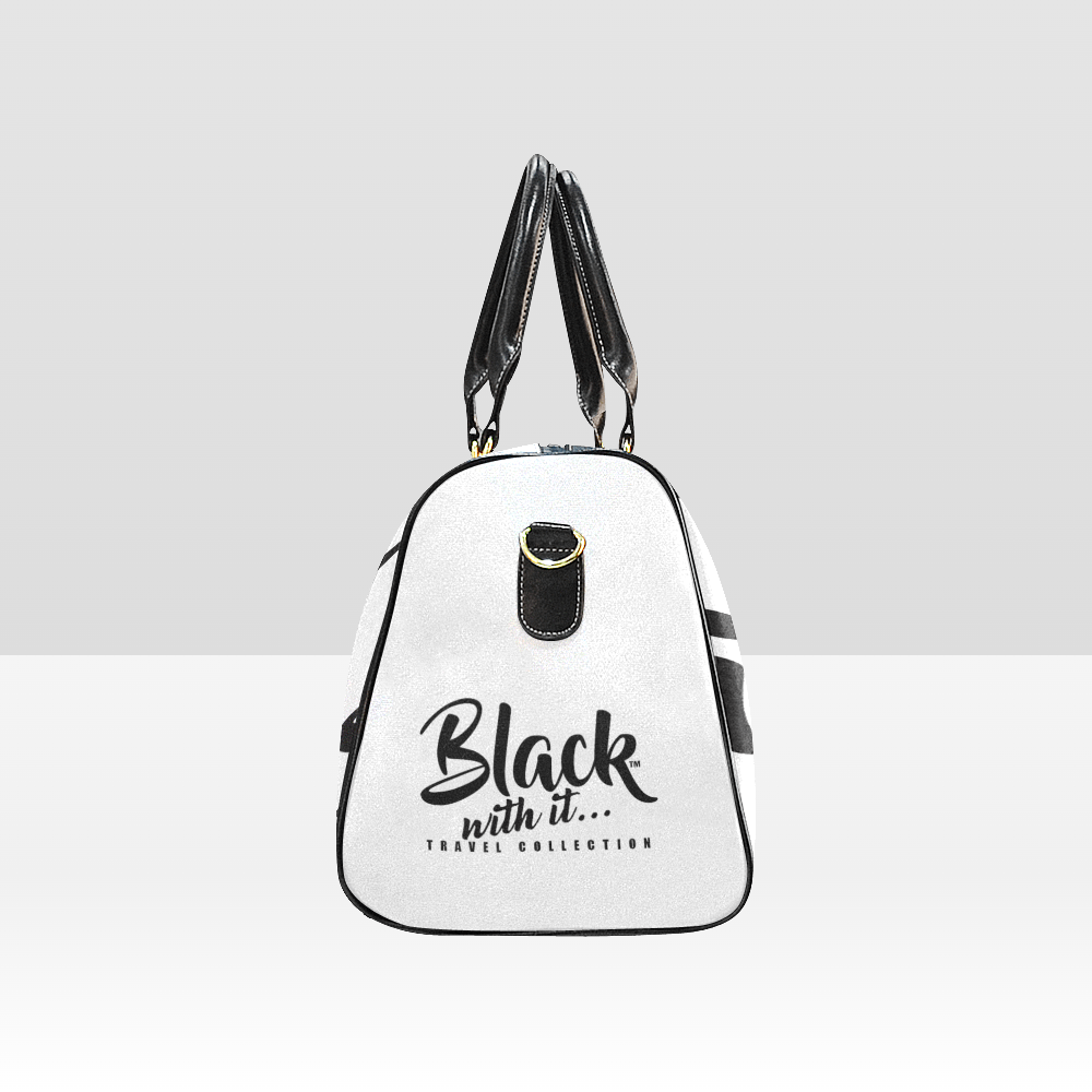 BWI Luxury Travel Bag- White w/Black Font -Black Leather Straps/Large (Made To Order)
