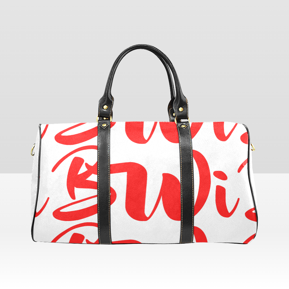 BWI Luxury Travel Bag: White w/ Red Font - Black Leather Straps - Large (Made To Order)