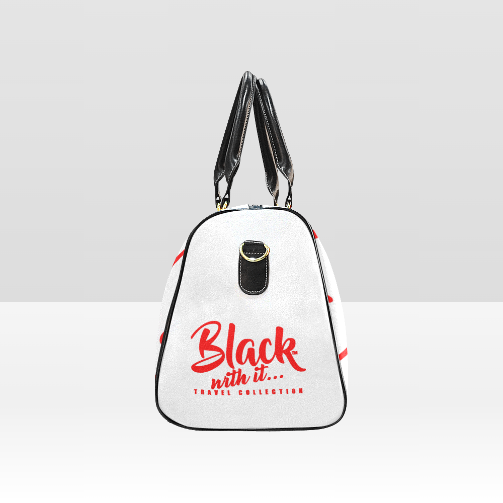 BWI Luxury Travel Bag: White w/ Red Font - Black Leather Straps - Large (Made To Order)