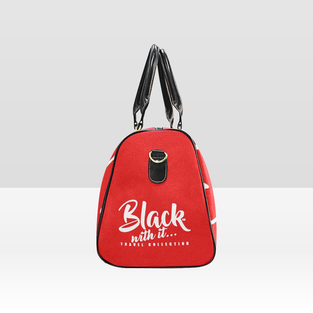 BWI Luxury Travel Bag: Red w/ White Font - Black Leather Straps - Large (Made To Order)