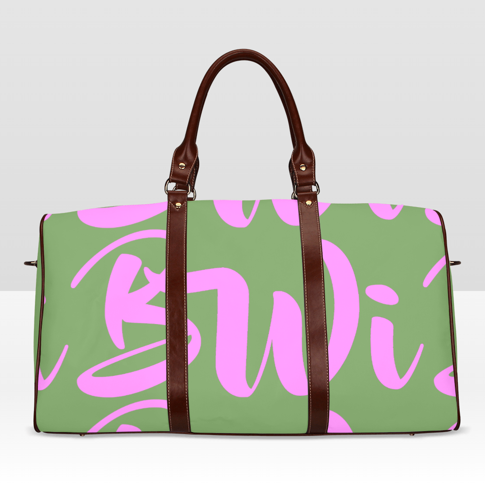 BWI Luxury Travel Bag-Green w/Pink Font -Brown Leather Straps/Large (Made To Order)