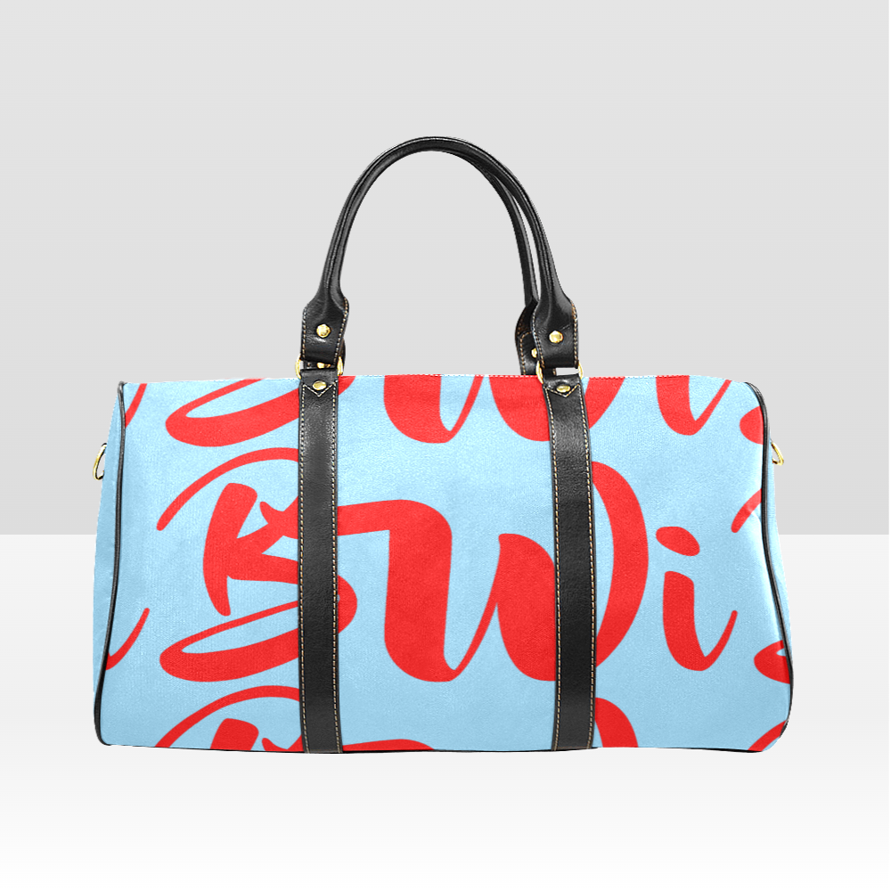 BWI: Luxury Travel Bag: Columbia Blue w/ Red Font - Black Leather Strap New Waterproof Travel Bag/Large (Model 1639)