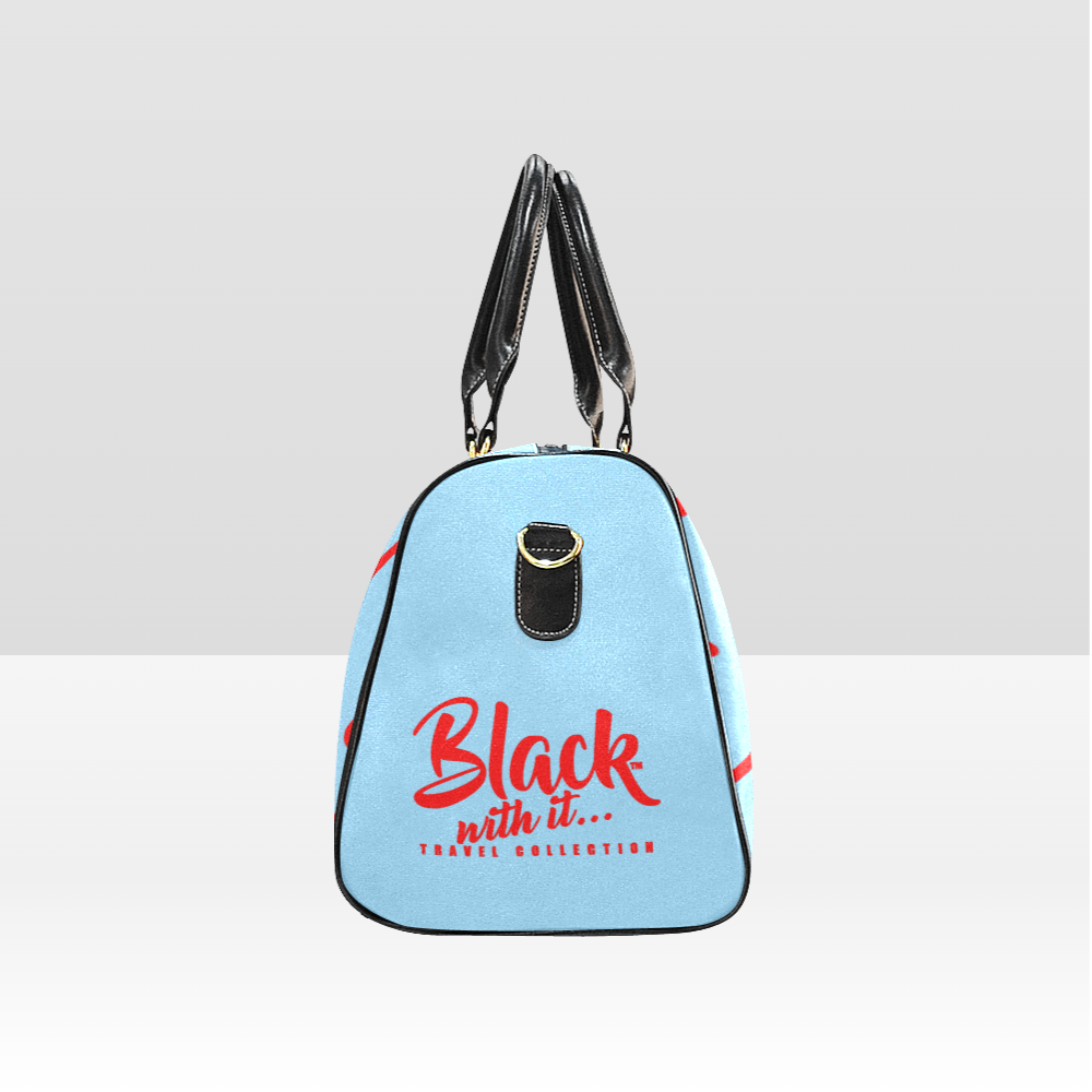 BWI: Luxury Travel Bag: Columbia Blue w/ Red Font - Black Leather Strap New Waterproof Travel Bag/Large (Model 1639)