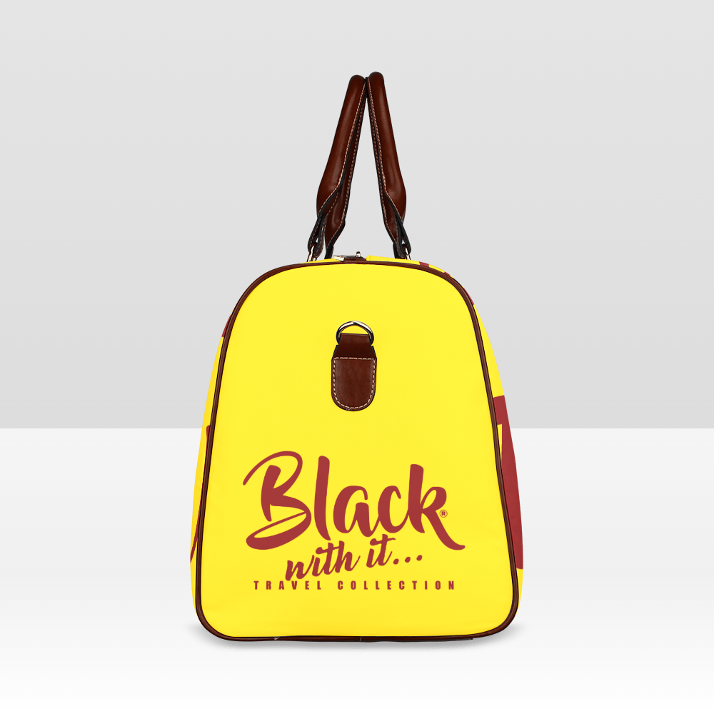 BWI: Luxury Travel Bag: Gold w/ Maroon Font - Brown Leather strap Waterproof Travel Bag/Large (Model 1639)