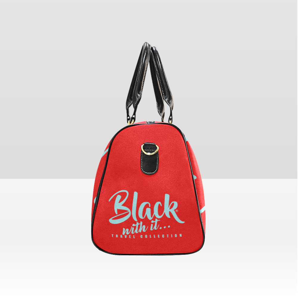 BWI: Luxury Travel Bag: Red w/ Columbia Blue Font with Black Strap New Waterproof Travel Bag/Large (Model 1639)