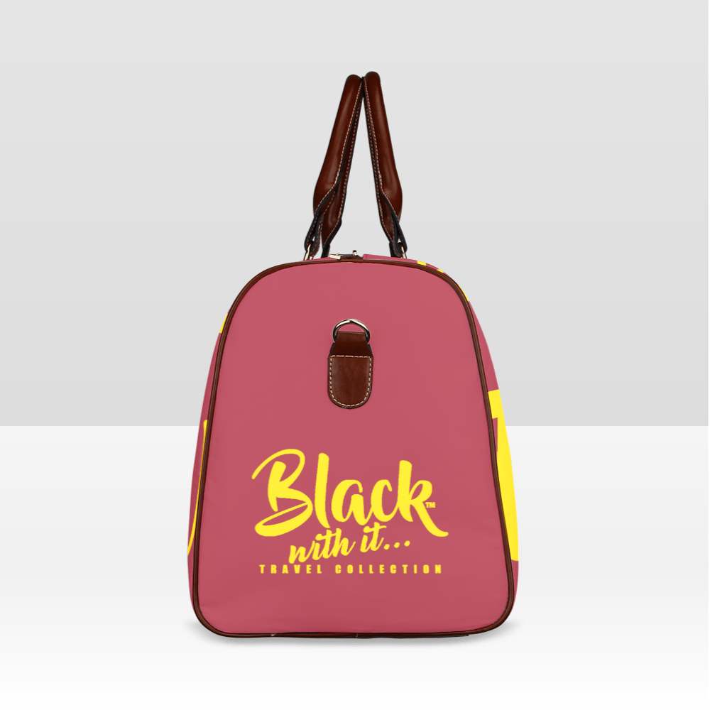 BWI: Luxury Travel Bag: Maroon w/ Gold Font - Brown Leather Strap Waterproof Travel Bag/Large (Model 1639)