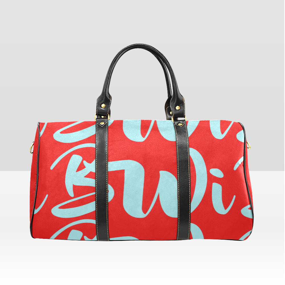 BWI: Luxury Travel Bag: Red w/ Columbia Blue Font with Black Strap New Waterproof Travel Bag/Large (Model 1639)