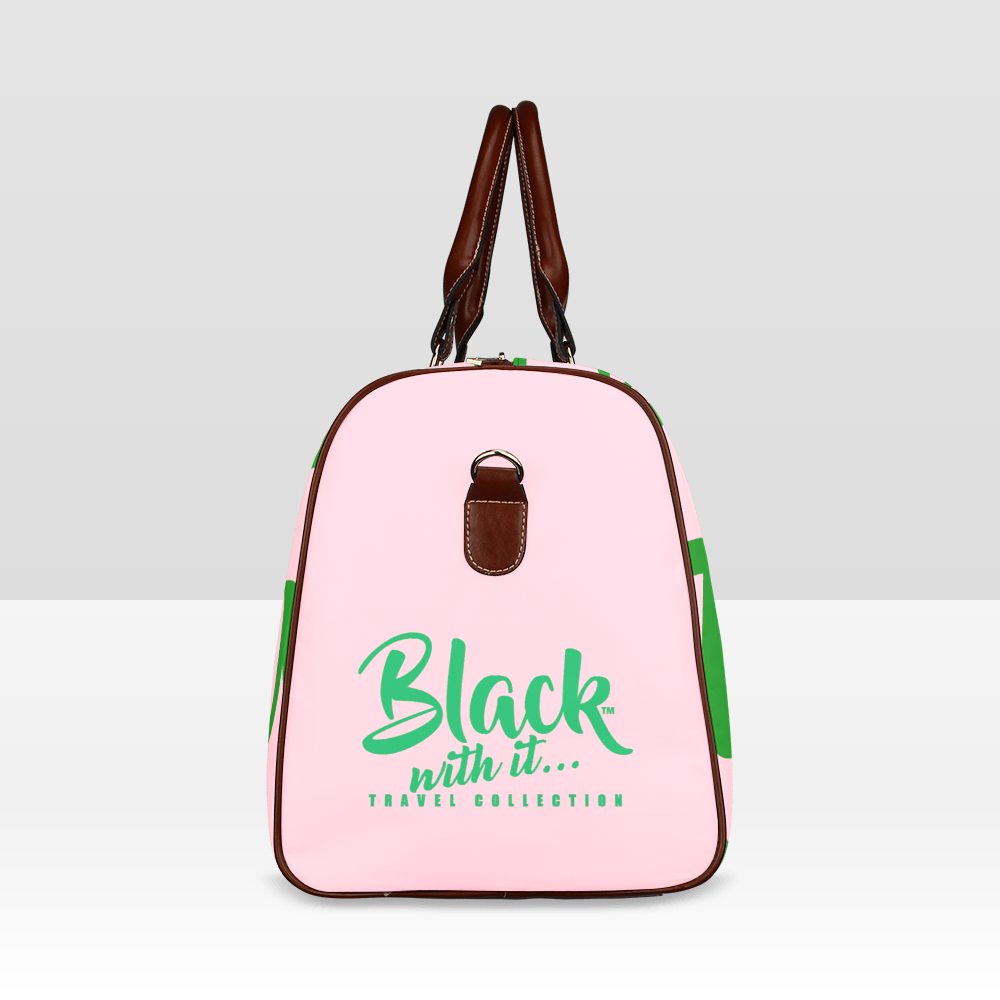BWI Luxury Travel Bag: Pink w/ Green Font-Brown Leather Strap/Large (Made To Order)