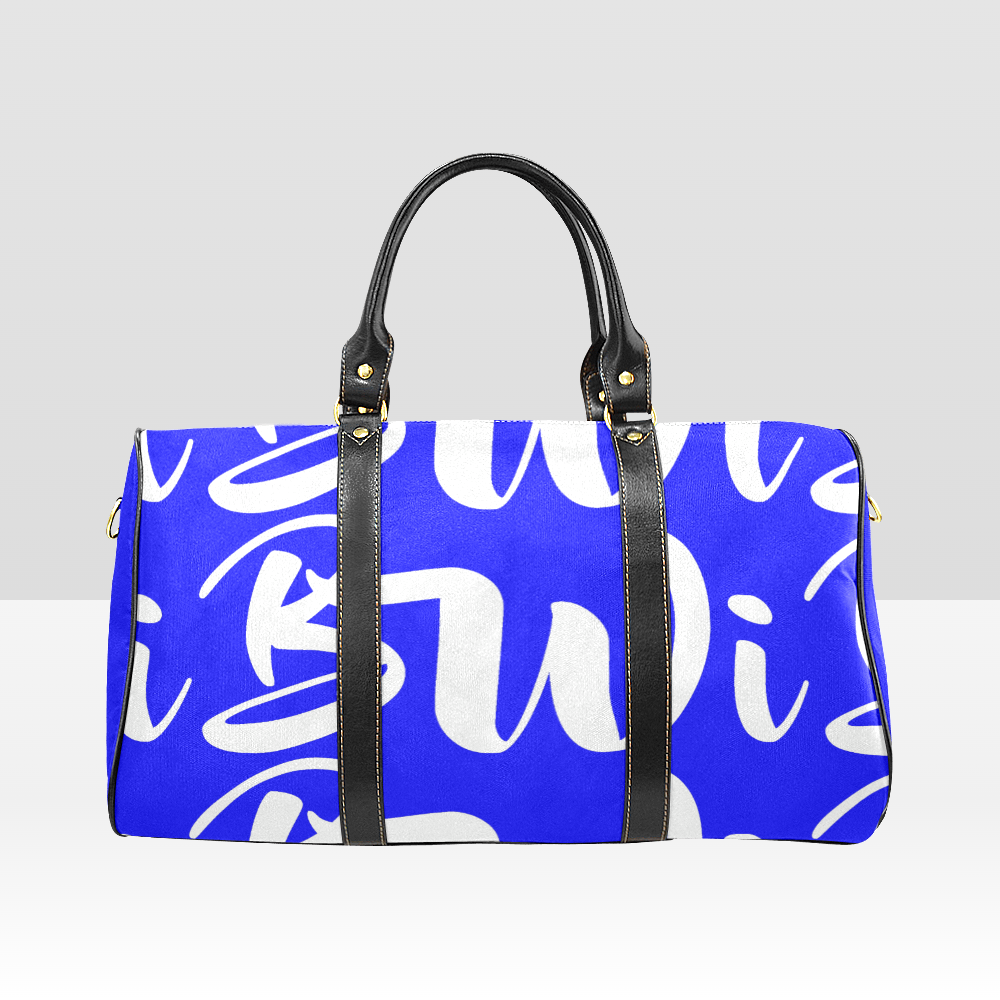 BWI Luxury Travel Bag-Blue w/White Font - Black Leather Straps/Large (Made To Order)