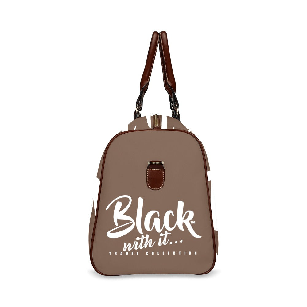 BWI Luxury Travel Bag- Brown w/White Font-Brown Leather Strap/Large (Made To Order)