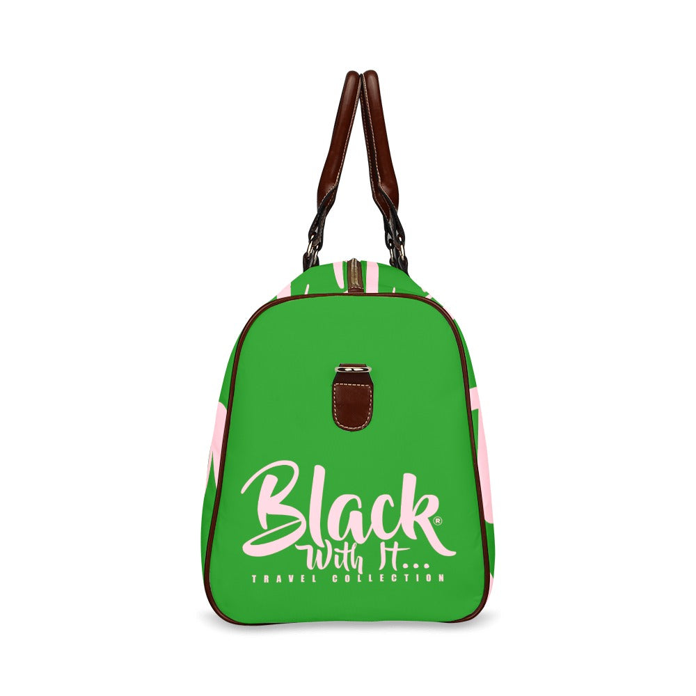 BWI Luxury Travel Bag-Green w/Pink Font -Brown Leather Straps/Large (Made To Order)