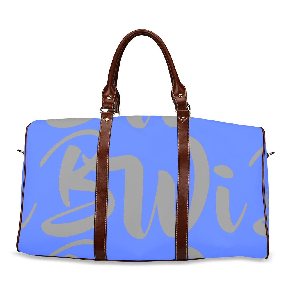 BWI: Luxury Travel Bag: Royal Blue w/ Grey Font - Brown Leather Strap Waterproof Travel Bag/Large (Model 1639)