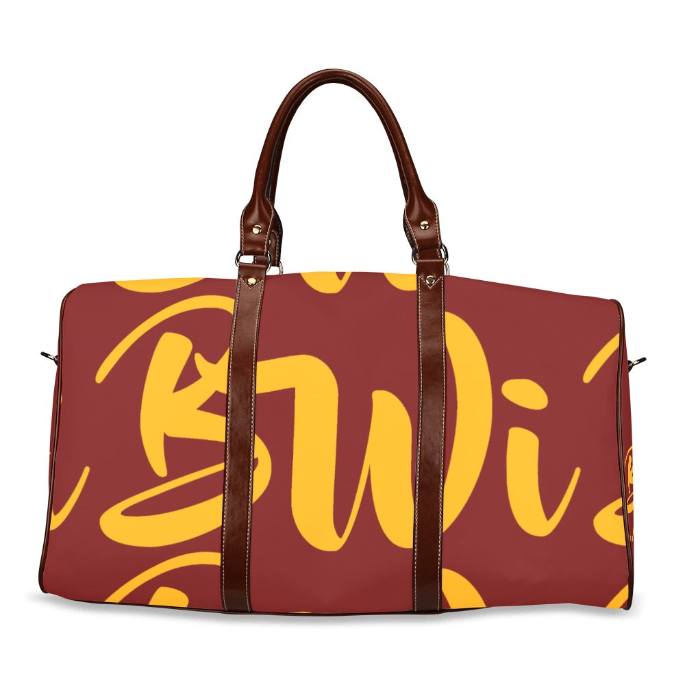 BWI: Luxury Travel Bag: Maroon w/ Orange Font - Brown Leather Strap Waterproof Travel Bag/Large (Model 1639)