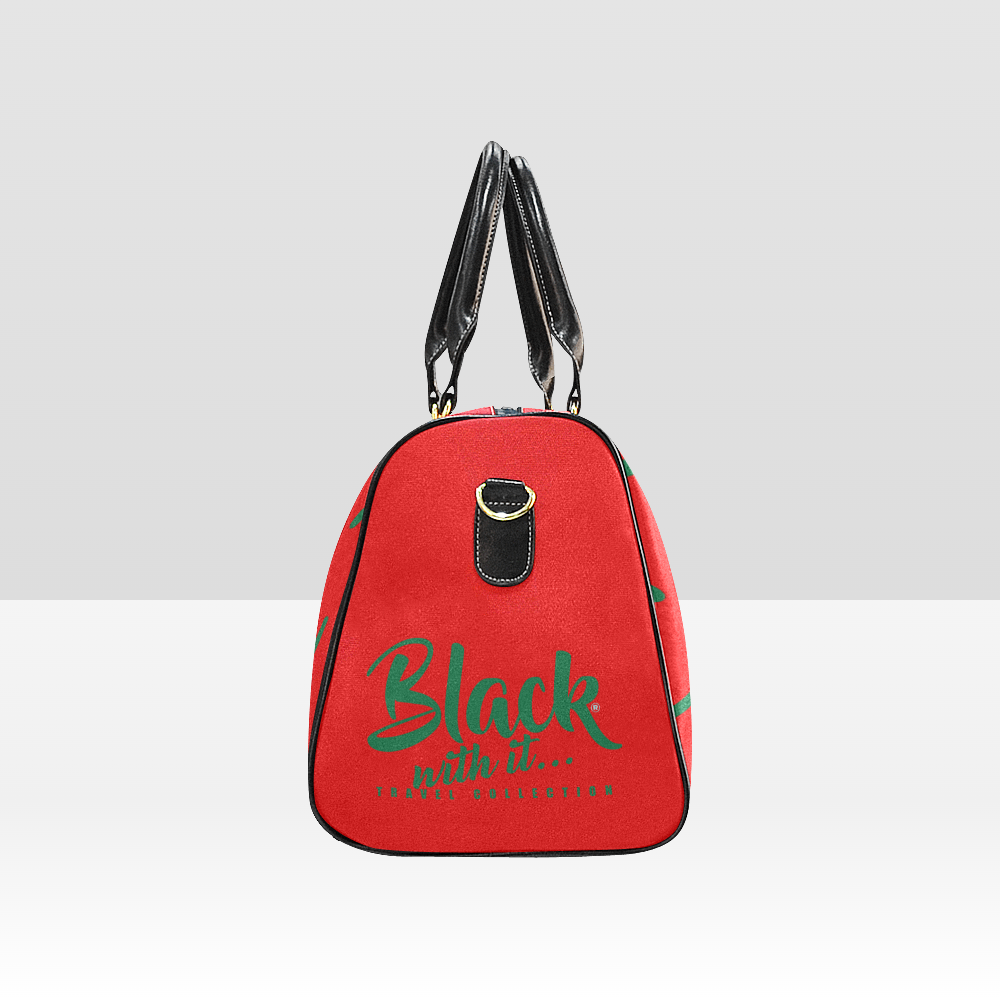 BWI: Luxury Tavel Bag: Red w/ Kelly Green Font - Black Leather Strap New Waterproof Travel Bag/Large (Model 1639)