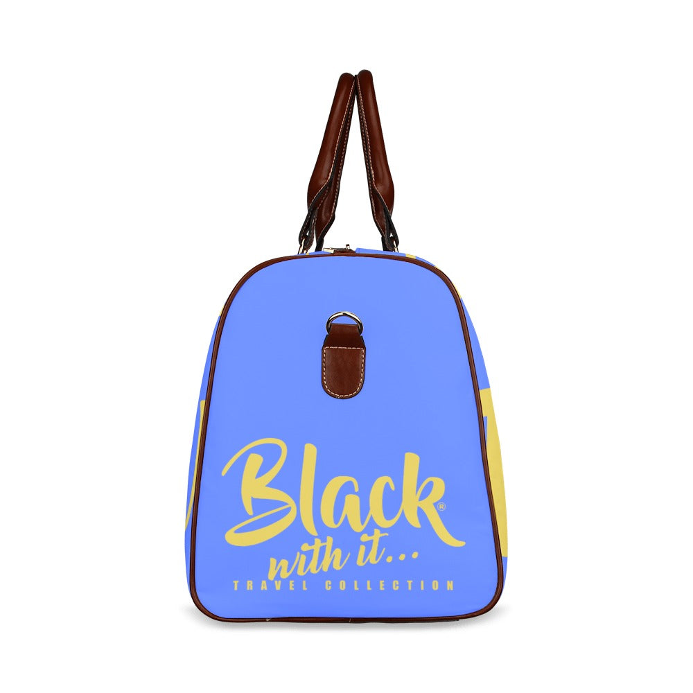 BWI: Luxury Travel Bag: Royal Blue w/ Old Gold Font - Brown Leather Bag Waterproof Travel Bag/Large (Model 1639)