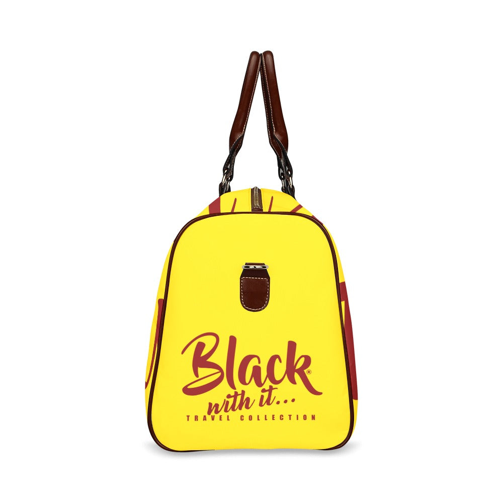 BWI: Luxury Travel Bag: Gold w/ Maroon Font - Brown Leather strap Waterproof Travel Bag/Large (Model 1639)