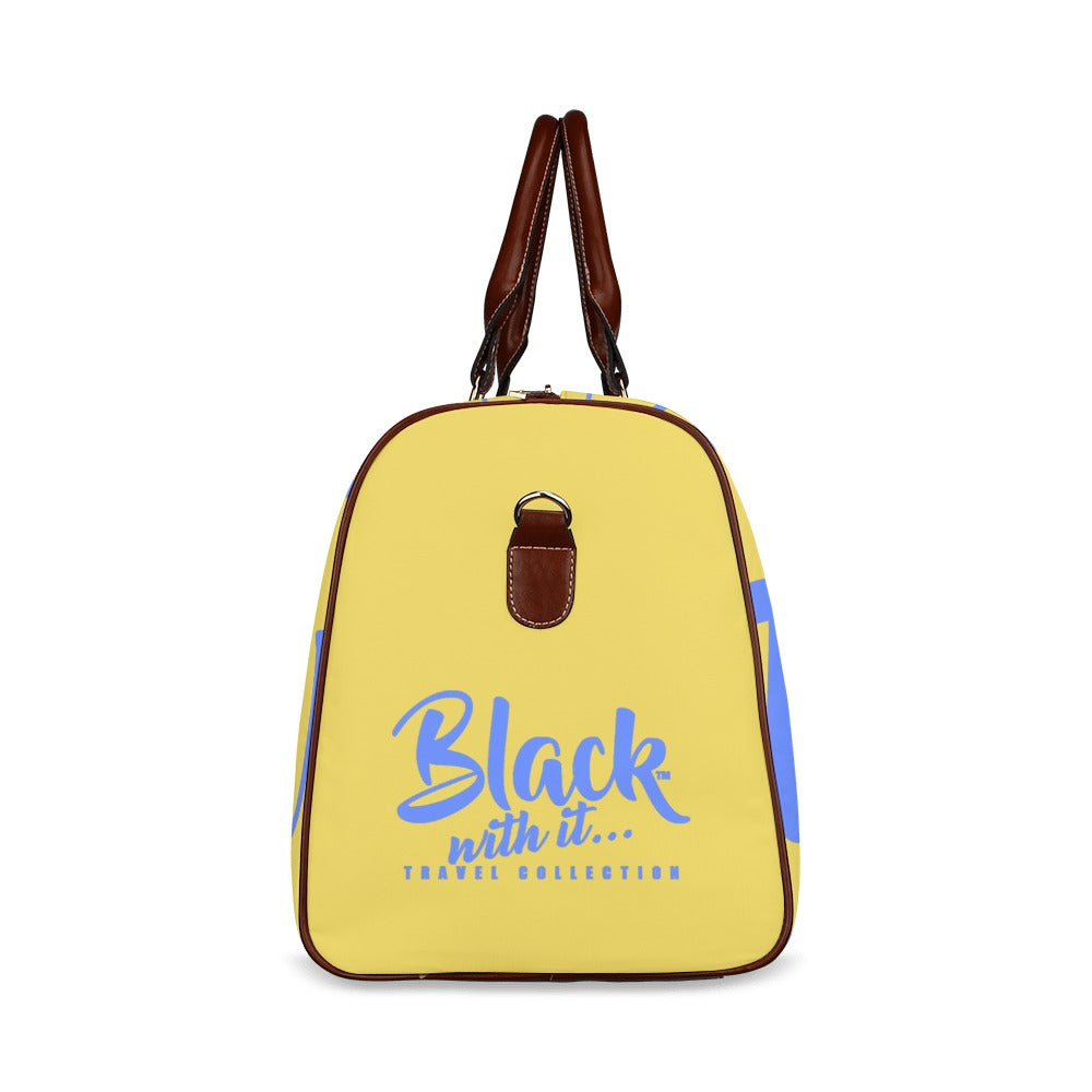 BWI: Luxury Travel Bag: Old Gold w/ Royal Blue Font - Brown Lether Straps Waterproof Travel Bag/Large (Model 1639)