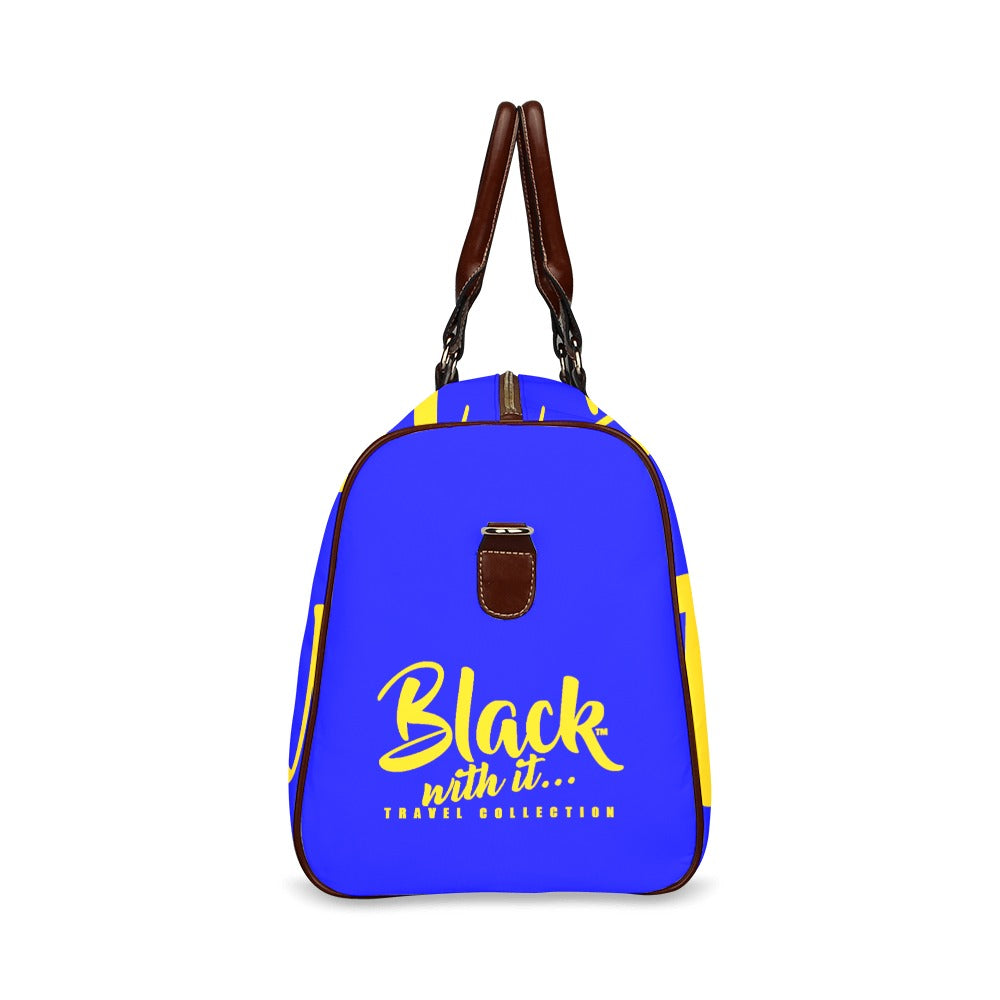 BWI: Luxury Travel Bag: Blue w/ Gold Font - Brown Leather Strap Waterproof Travel Bag/Large (Model 1639)