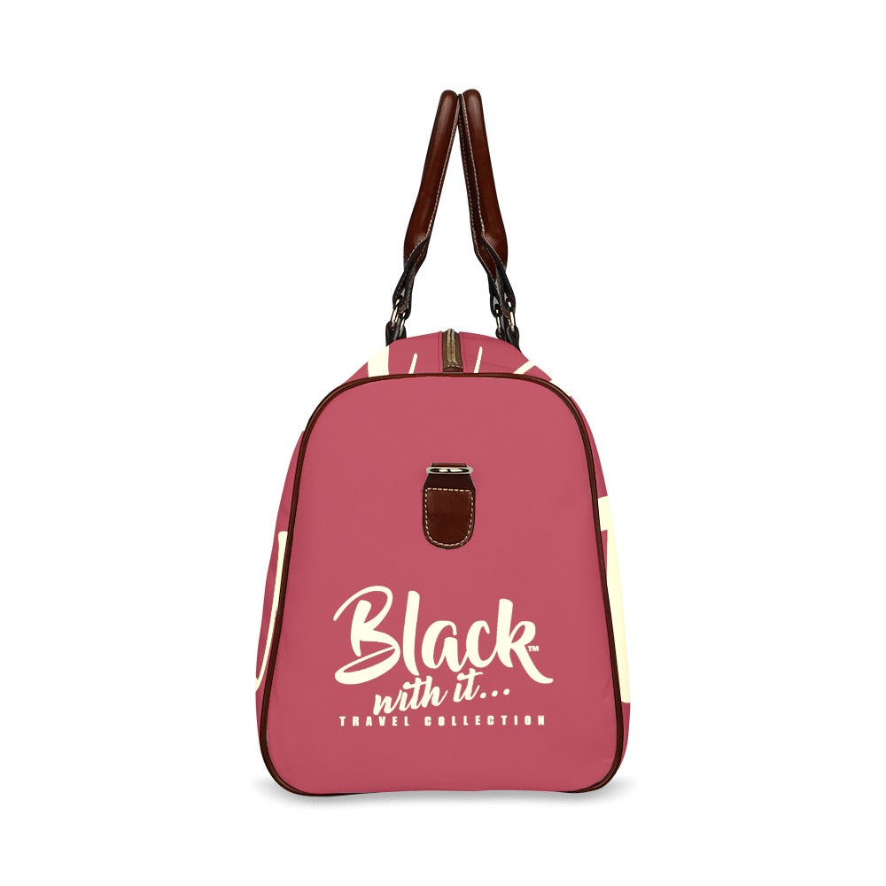 BWI: Luxury Travel Bag: Crimson w/ Cream Font - Brown Leather Straps Large-Waterproof (Model 1639) Waterproof Travel Bag/Large (Model 1639)