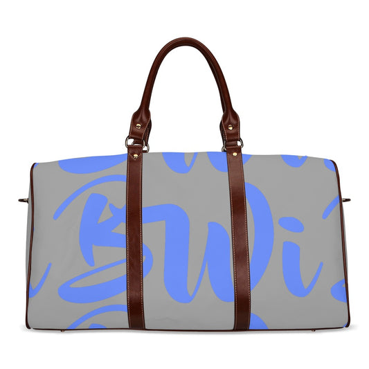 BWI: Luxury Travel Bag: Grey w/ Royal Blue Font - Brown Leather Strap Waterproof Travel Bag/Large (Model 1639)