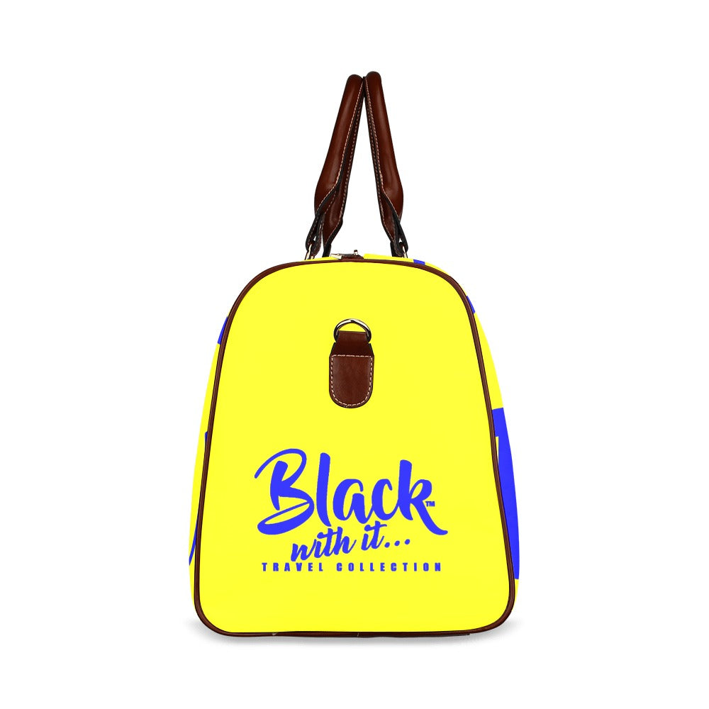 BWI: Luxury Travel Bag: Yellow w/ Blue Font - Brown Leather Strap Waterproof Travel Bag/Large (Model 1639)