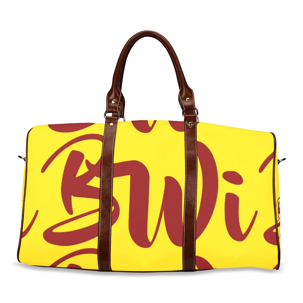 BWI: Luxury Travel Bag: Gold w/ Maroon Font - Brown Leather strap Waterproof Travel Bag/Large (Model 1639)