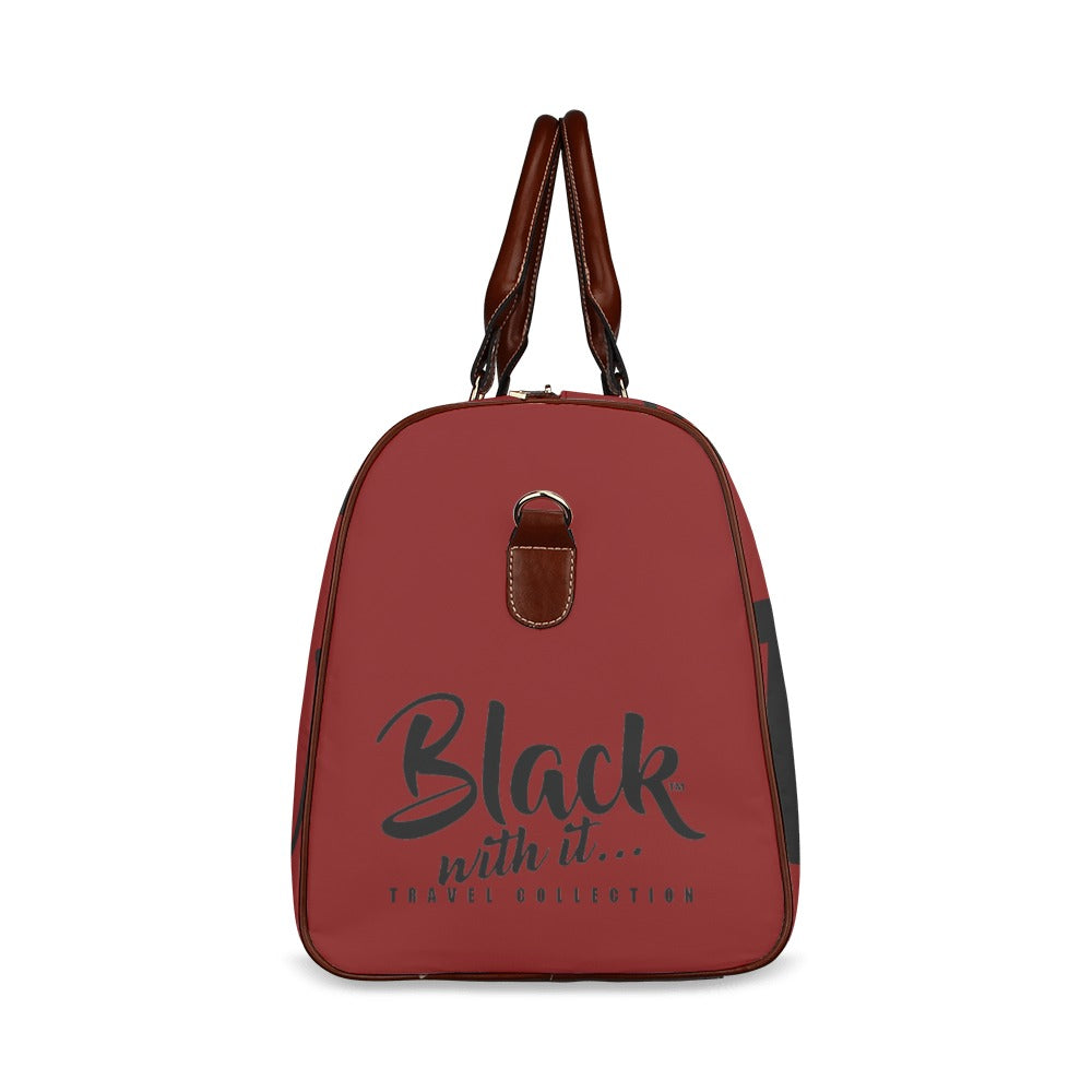 BWI: Luxury Travel Bag: Maroon w/ Black Font - Brown Leather Strap Waterproof Travel Bag/Large (Model 1639)