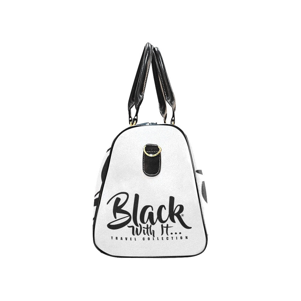 BWI Luxury Travel Bag- White w/Black Font -Black Leather Straps/Large (Made To Order)