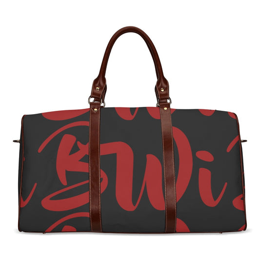 BWI: Luxury Travel Bag: Black w / Maroon Font - Brown Leather Strap Waterproof Travel Bag/Large (Model 1639)