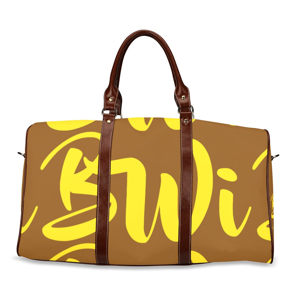 BWI: Luxury Travel Bag: Brown w/ Gold Font - Brown Leather Straps Large-New Waterproof (Model 1639) Waterproof Travel Bag/Large (Model 1639)