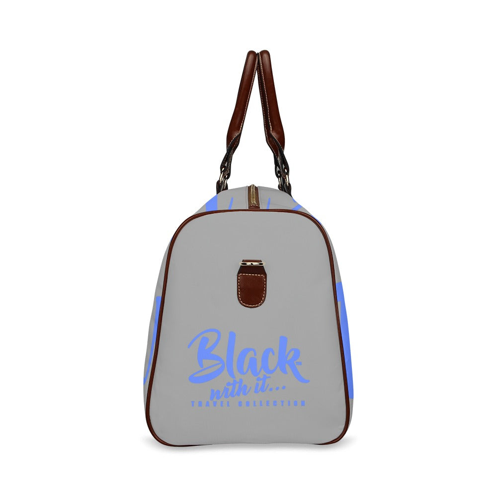 BWI: Luxury Travel Bag: Grey w/ Royal Blue Font - Brown Leather Strap Waterproof Travel Bag/Large (Model 1639)
