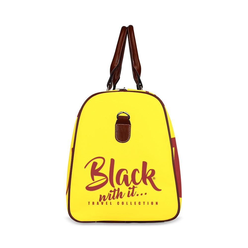 BWI: Luxury Travel Bag: Gold w/ Maroon Font - Brown Leather strap Waterproof Travel Bag/Large (Model 1639)