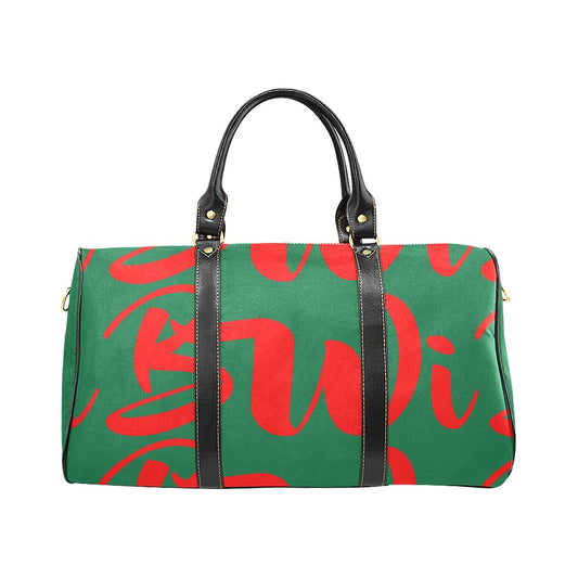 BWI: Luxury Tavel Bag: Kelly Green w/ Red Font - Black Leather Strap New Waterproof Travel Bag/Large (Model 1639)