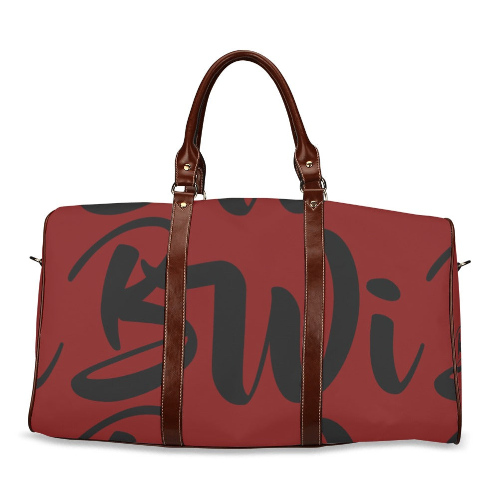 BWI: Luxury Travel Bag: Maroon w/ Black Font - Brown Leather Strap Waterproof Travel Bag/Large (Model 1639)