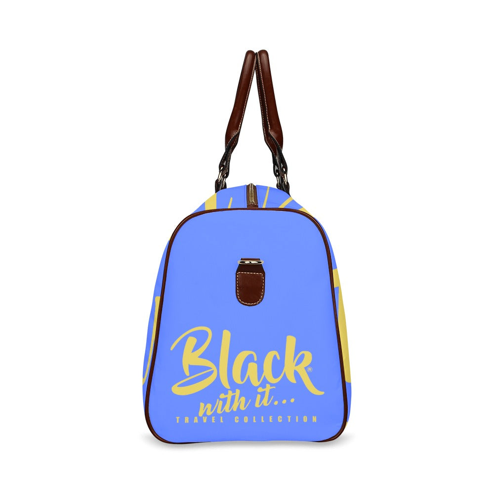 BWI: Luxury Travel Bag: Royal Blue w/ Old Gold Font - Brown Leather Bag Waterproof Travel Bag/Large (Model 1639)