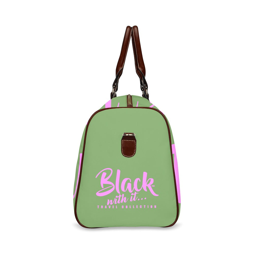 BWI: Luxury Travel Bag: Green w/ Pink Font - Brown Leather Straps Large-Waterproof (Model 1639) Waterproof Travel Bag/Large (Model 1639)