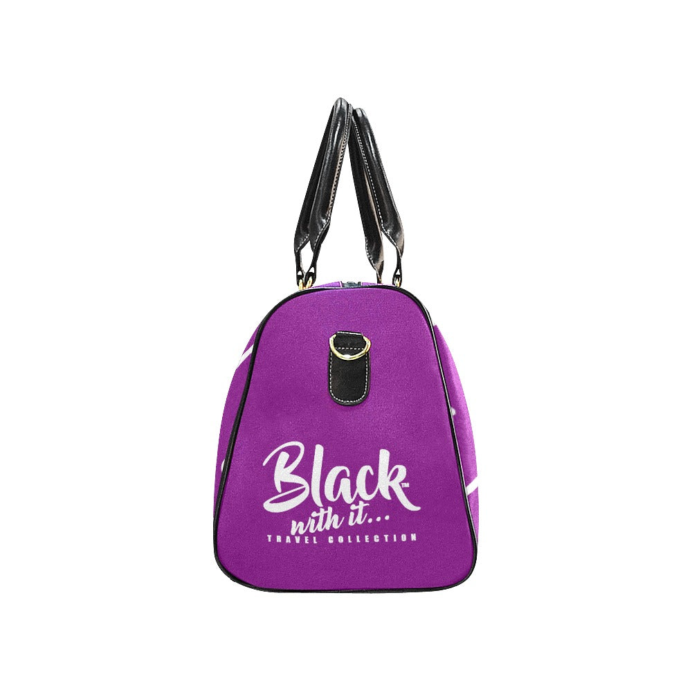 BWI Luxury Travel Bag: Purple w/ White Font - Black Leather Straps - Large New Waterproof Travel Bag/Large (Model 1639)
