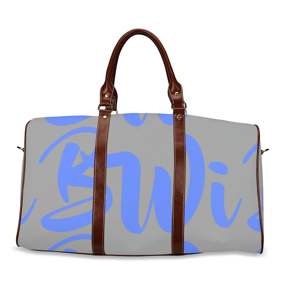 BWI: Luxury Travel Bag: Grey w/ Royal Blue Font - Brown Leather Strap Waterproof Travel Bag/Large (Model 1639)