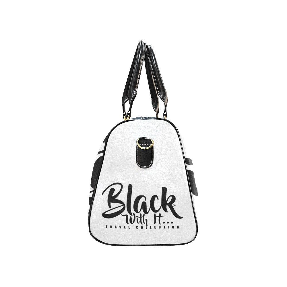 BWI Luxury Travel Bag- White w/Black Font -Black Leather Straps/Large (Made To Order)