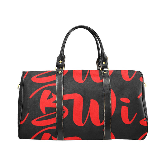 BWI Luxury Travel Bag: Black w/ Red Font - Black Leather Straps - Large (Made To Order)