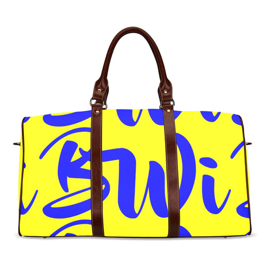 BWI: Luxury Travel Bag: Yellow w/ Blue Font - Brown Leather Strap Waterproof Travel Bag/Large (Model 1639)