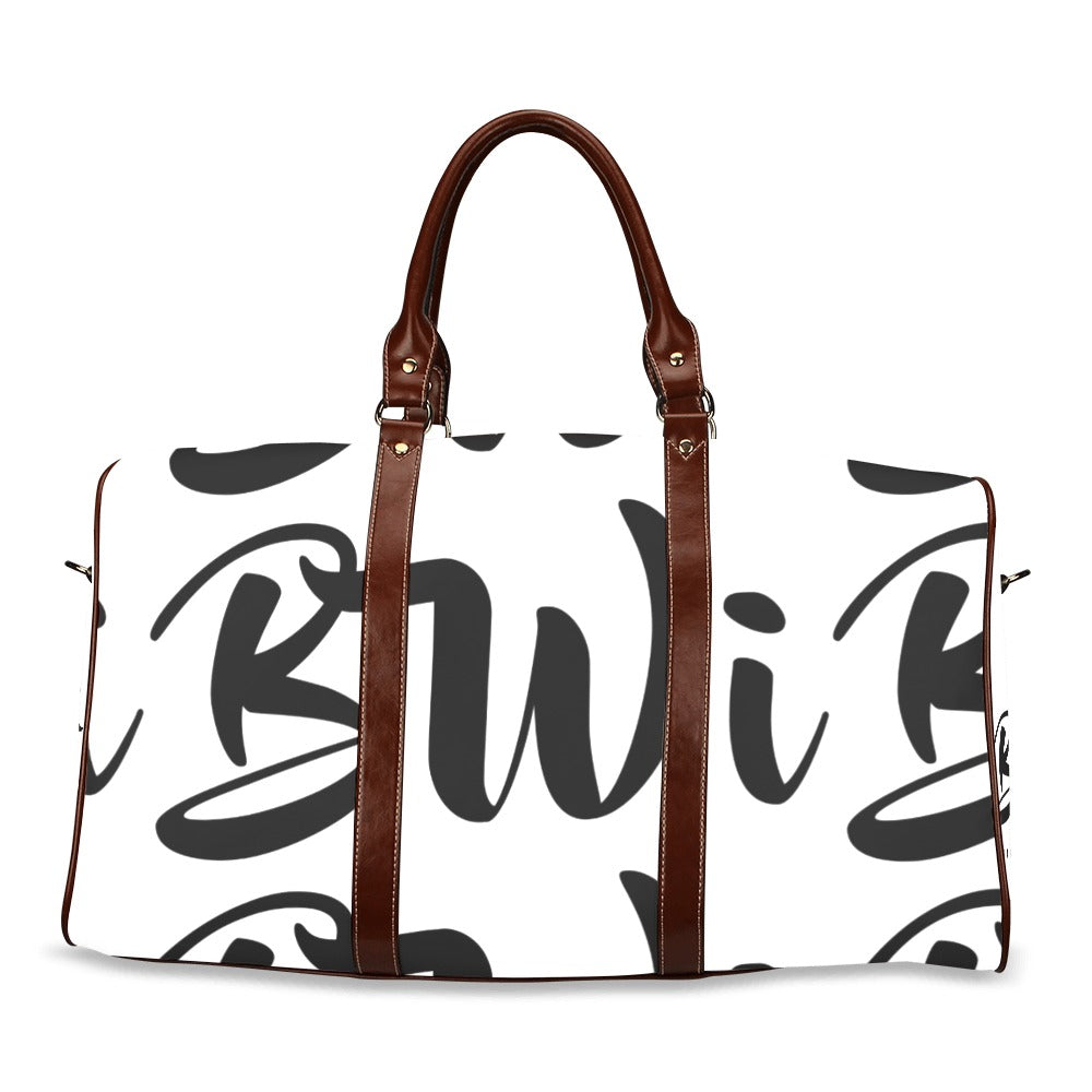 BWI Luxury Travel Bag- White w/Black Font-Brown Leather Straps/Large (Made To Order)