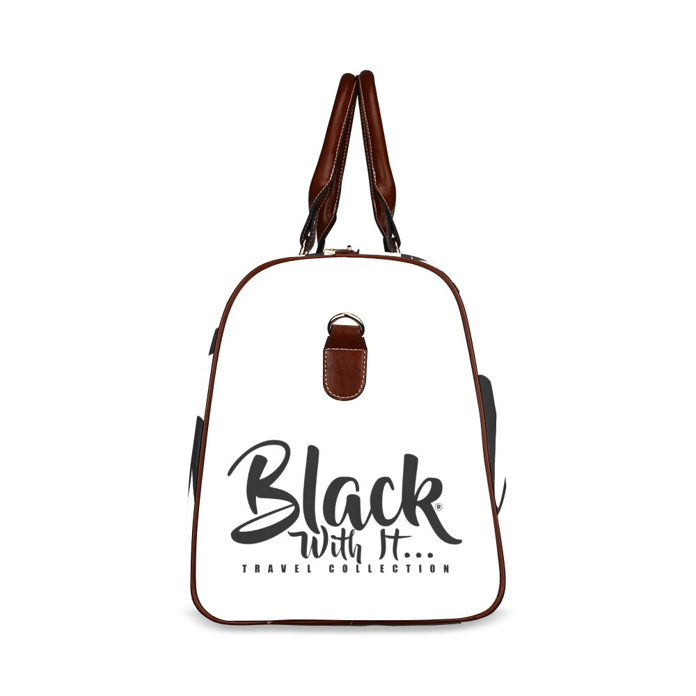 BWI Luxury Travel Bag- White w/Black Font-Brown Leather Straps/Large (Made To Order)