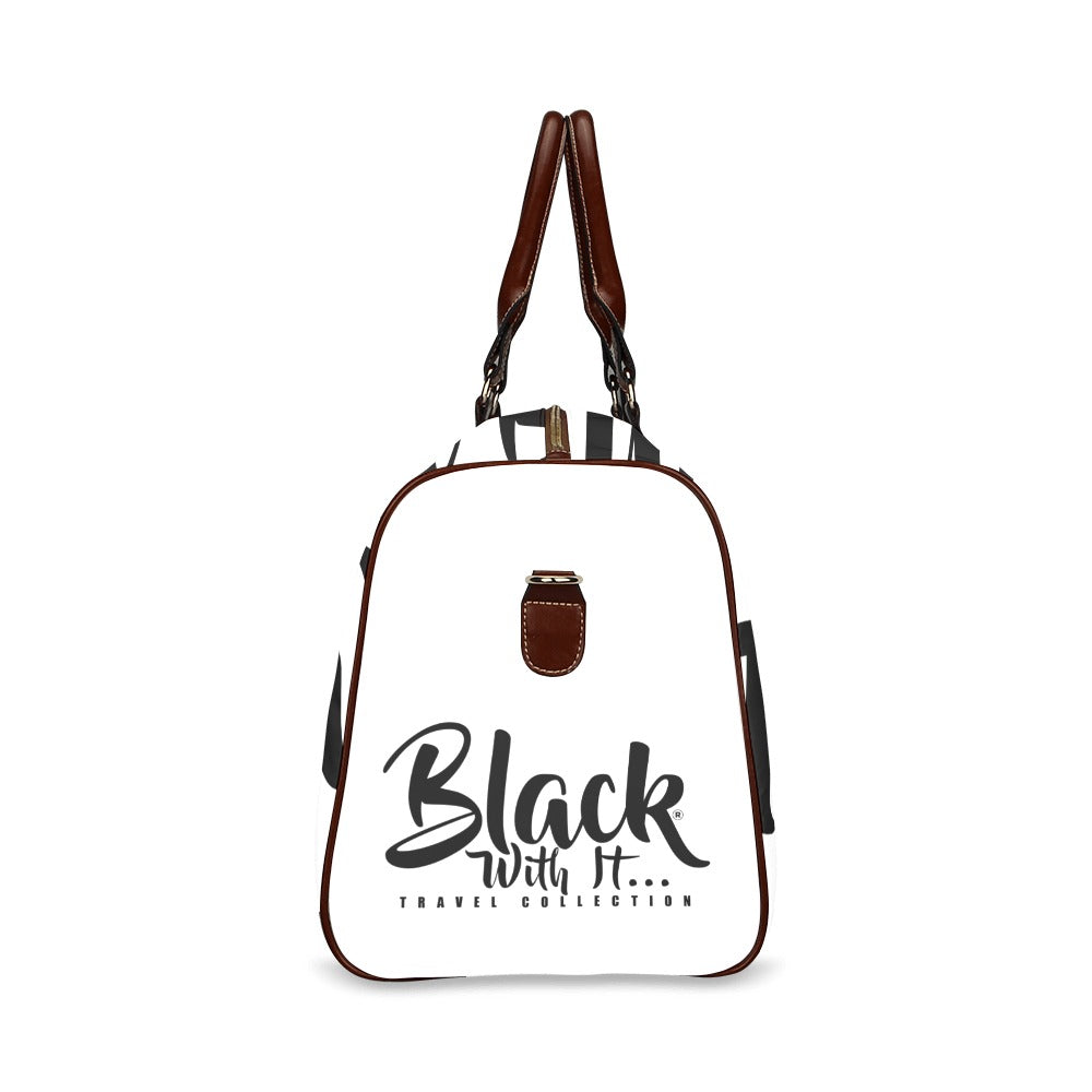 BWI Luxury Travel Bag- White w/Black Font-Brown Leather Straps/Large (Made To Order)
