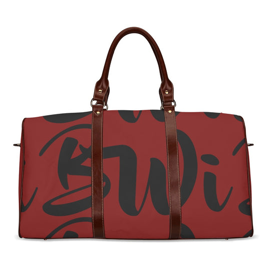 BWI: Luxury Travel Bag: Maroon w/ Black Font - Brown Leather Strap Waterproof Travel Bag/Large (Model 1639)