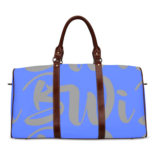 BWI: Luxury Travel Bag: Royal Blue w/ Grey Font - Brown Leather Strap Waterproof Travel Bag/Large (Model 1639)